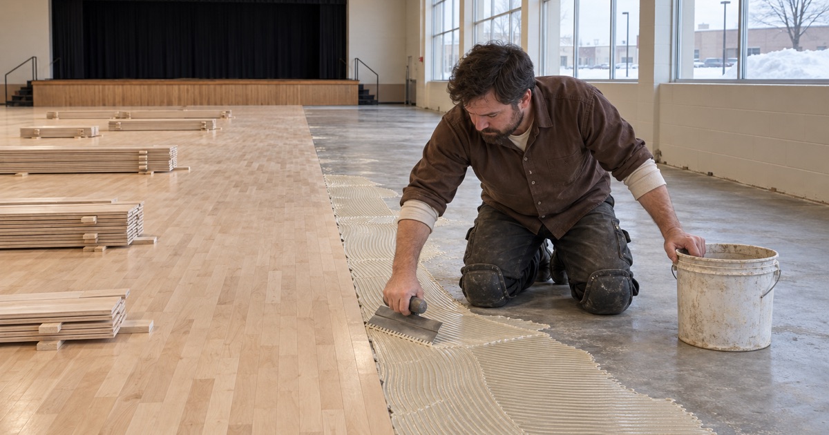 Worker spreading adhesive with a notched trowel for hard maple strip flooring in a Lakeville event hall at grade.