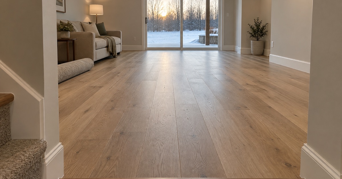 A finished Lakeville walkout lower level in low winter light, engineered white oak running the length of the room to the patio door.