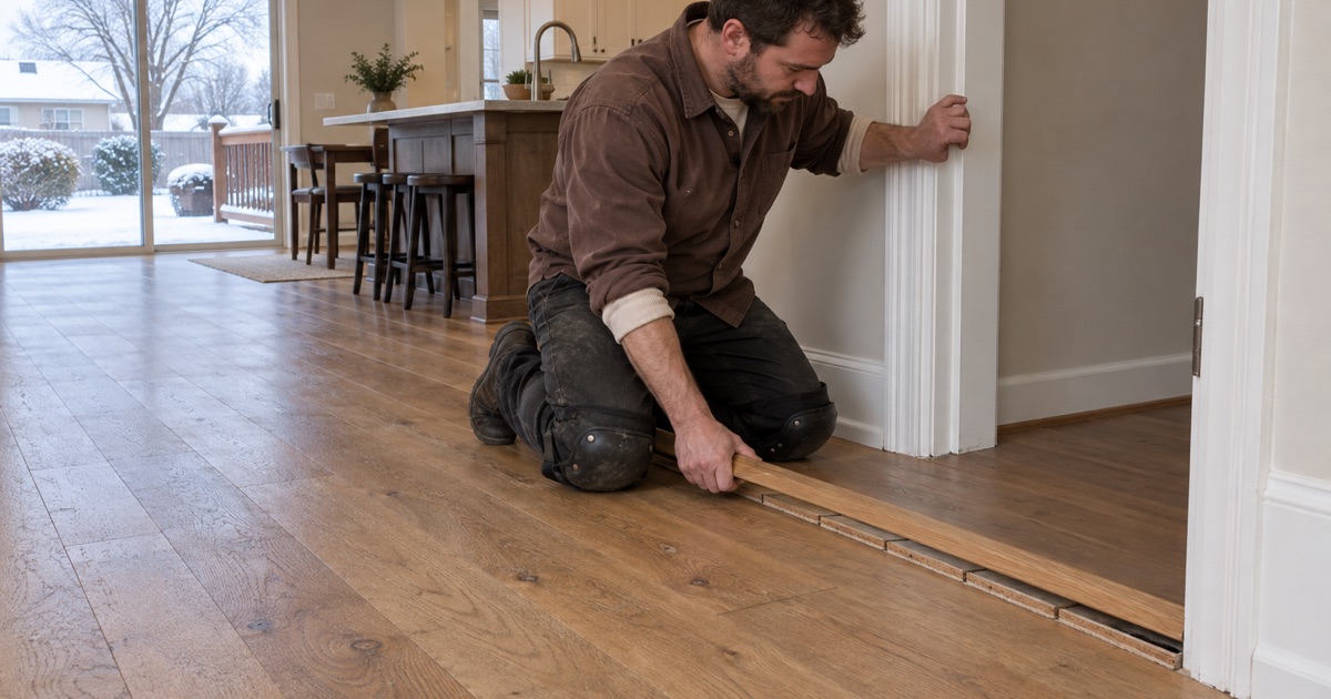 Worker taking a reducer off a Lakeville doorway so the wear layer above the tongue of an engineered white oak plank can be read before sanding.