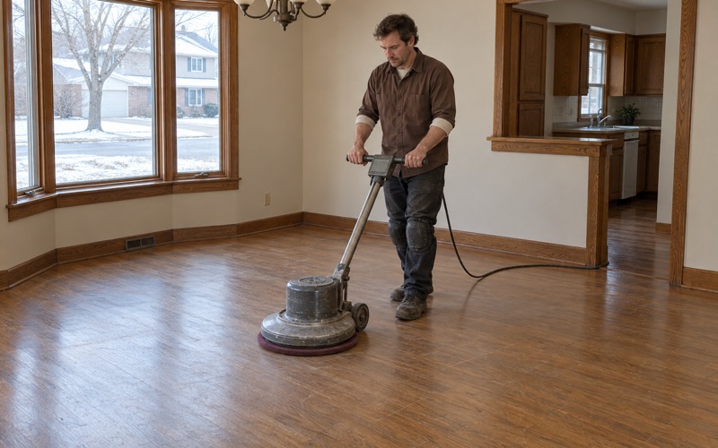Worker running a rotary buffer with a maroon abrasive pad over an intact but dulled white oak floor in a Lakeville house before a fresh coat goes on.