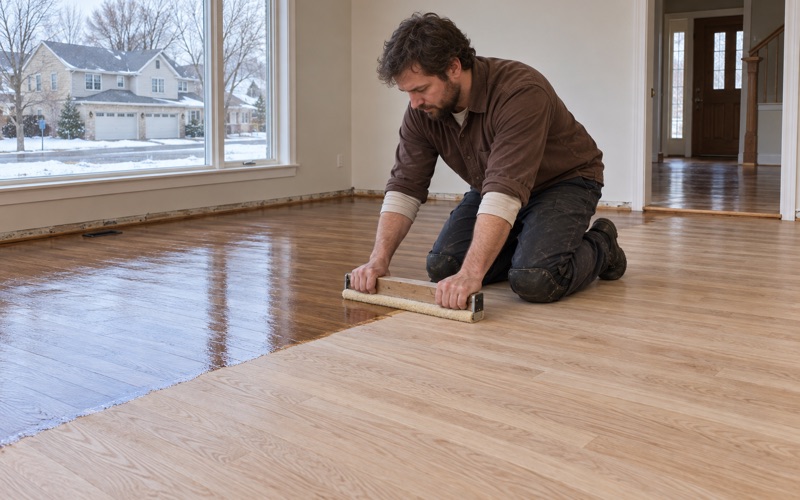Worker walking backwards pulling a coat of finish across freshly sanded white oak in a Lakeville house, raw wood ahead and wet finish behind.