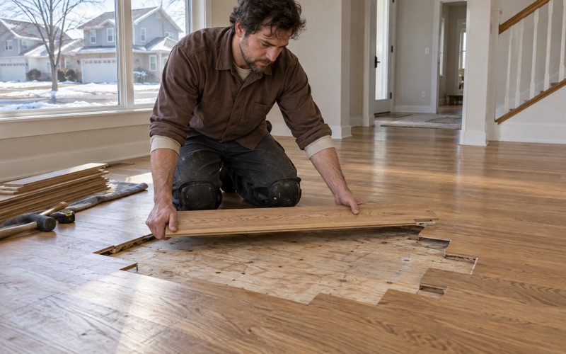 Worker lowering a replacement white oak board into a staggered lace-in repair in a Lakeville floor, the plywood subfloor showing in the open courses.
