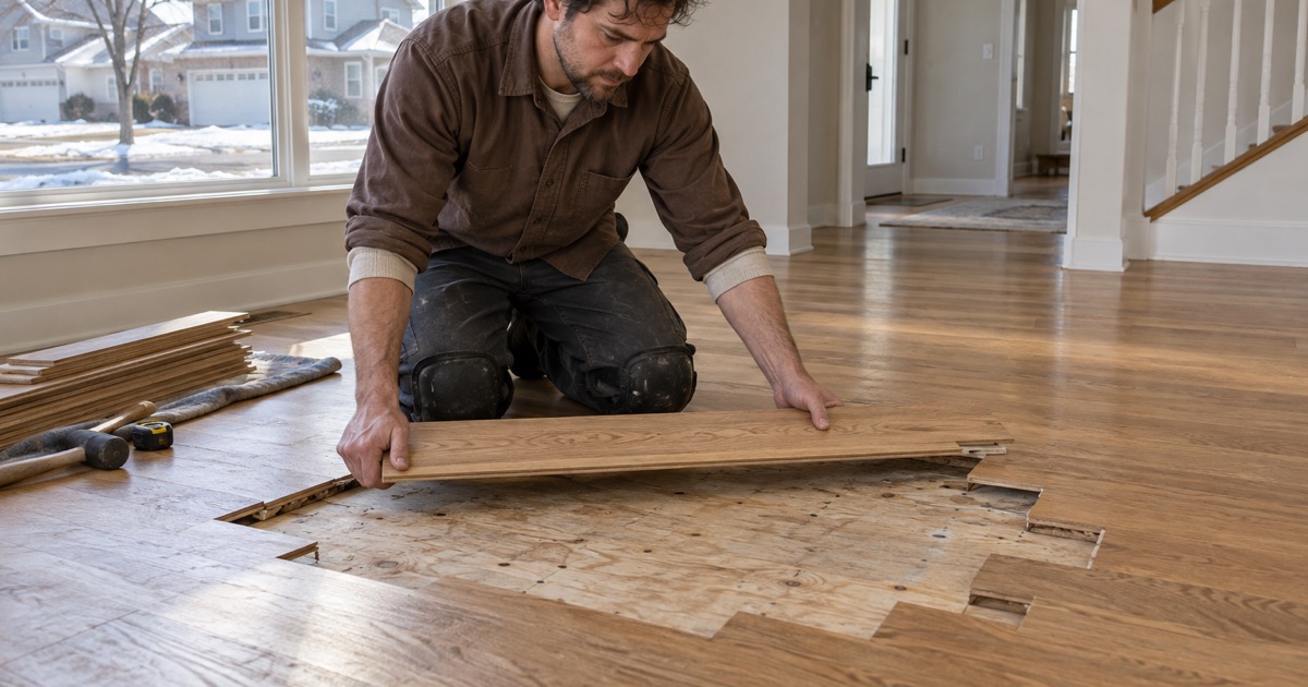 Worker lowering a replacement white oak board into a staggered lace-in repair in a Lakeville floor, the plywood subfloor showing in the open courses.