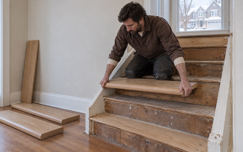 Worker seating a white oak retro tread with a bullnose front edge onto an open stringer in a Lakeville stair, the landing floor running to the top nosing.