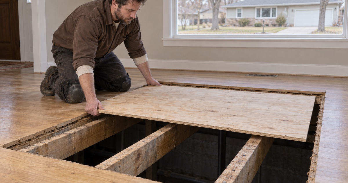 Worker setting a new plywood panel down between exposed joists in a Lakeville house where the finish floor has been cut back to sound boards.