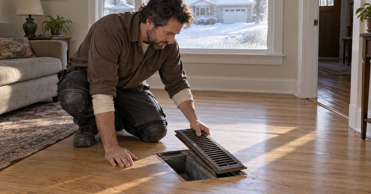 Worker lifting a cast floor register out of a Lakeville oak floor in deep winter, with hairline seasonal gaps open between the strips near the outside wall.