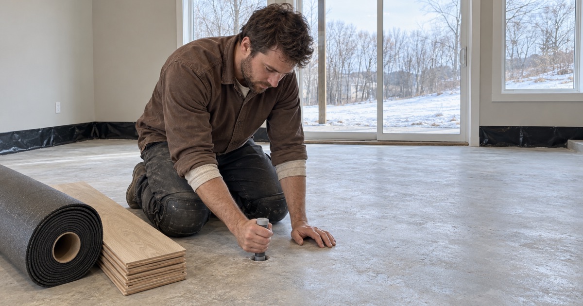 Worker seating a relative humidity probe into a drilled hole in the lower-level slab of a Lakeville walkout before any engineered flooring goes down.