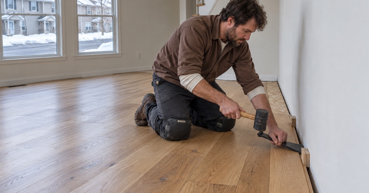 Worker drawing the last course home with a pull bar in an Apple Valley rented townhome, the party wall running the length of the room.