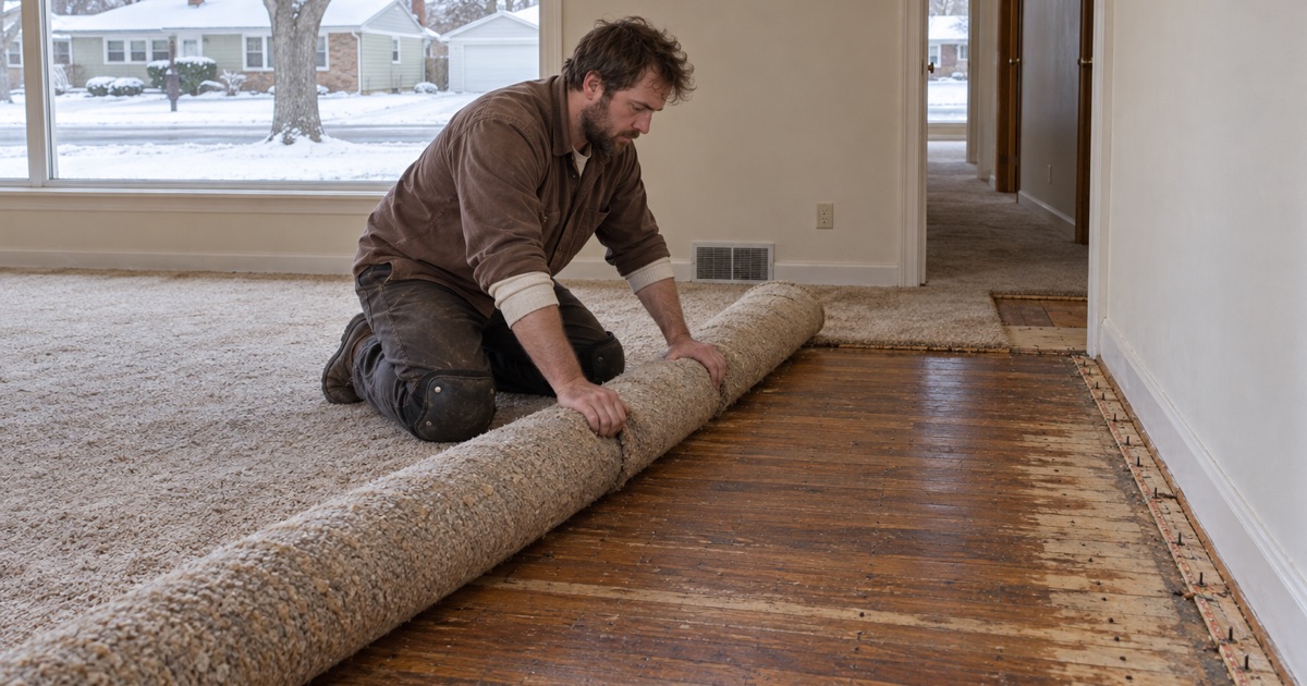 Worker turning back the rolled edge of carpet in a Bloomington rambler to expose the original oak strip floor and the tack strip at the wall.