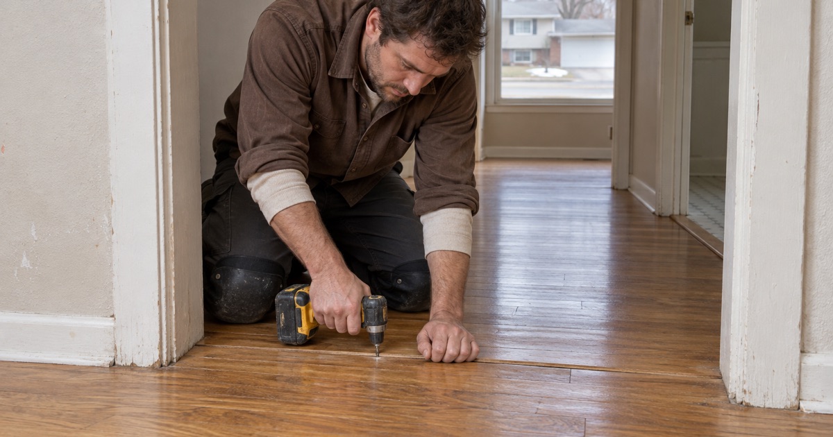 Worker driving a screw through a lifted board end at a Burnsville doorway to take out the tripping edge a rental inspection would score.
