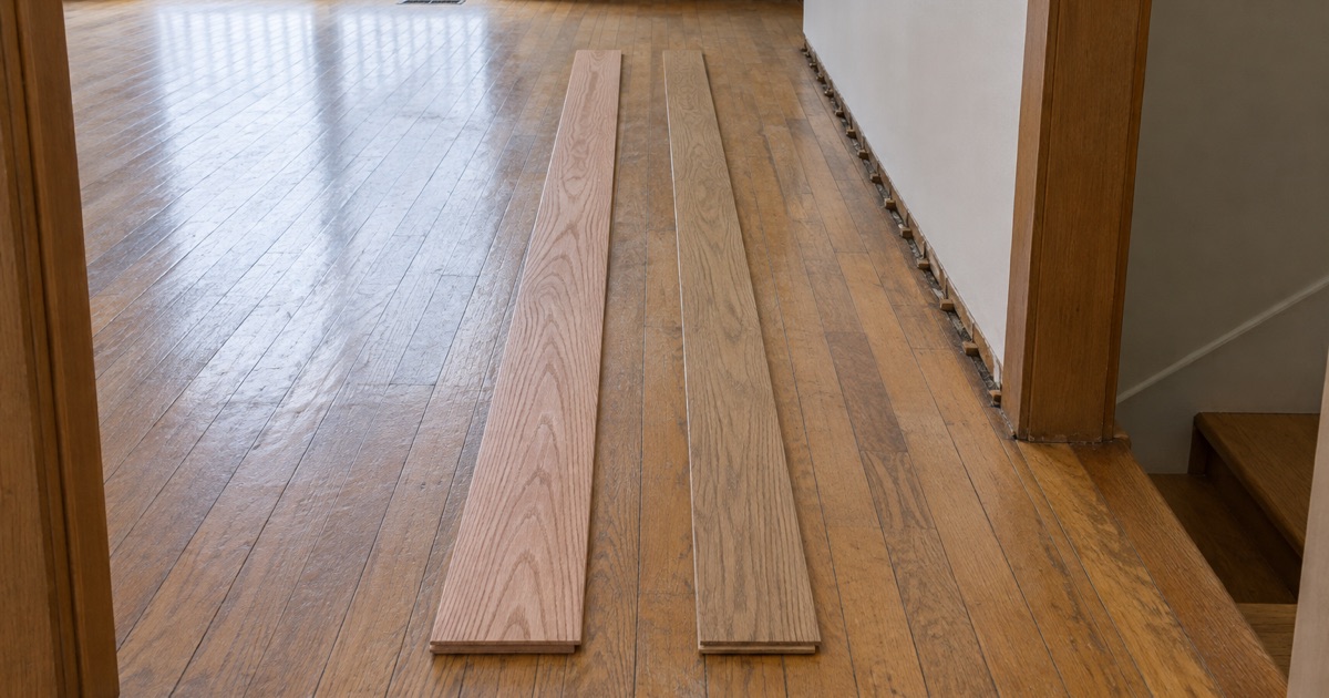 Two candidate white oak boards laid against a forty-year-old Eagan floor so the color and grain of the sourced board can be judged against the existing run.