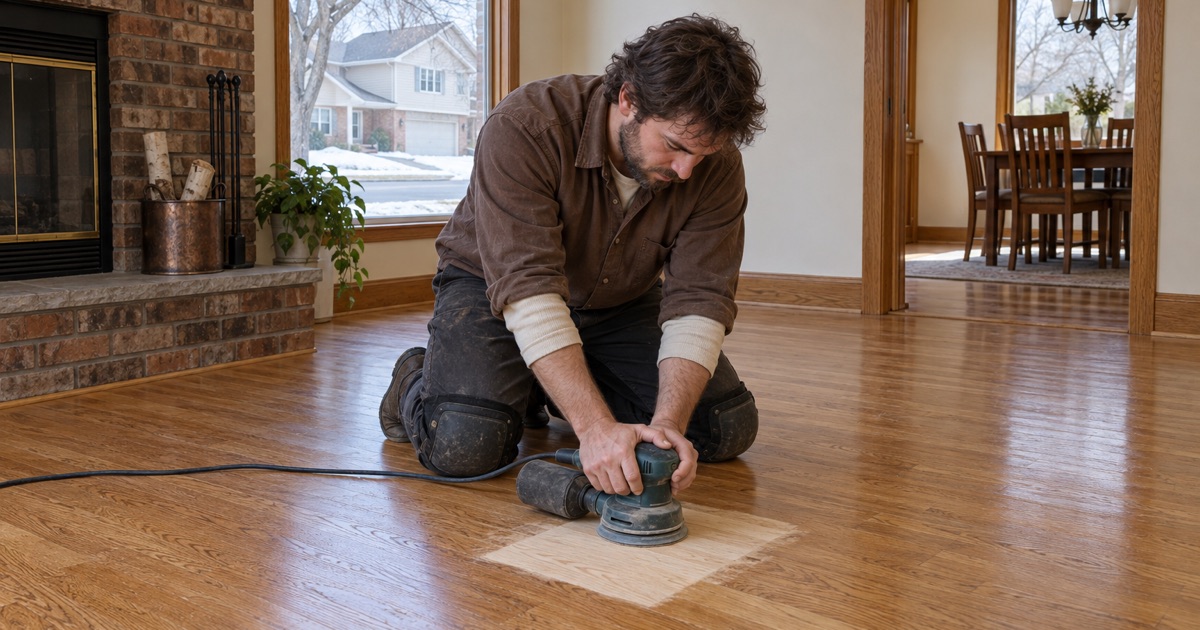 Worker running a compact orbital sander over a small test patch cut into an Eden Prairie floor of the 1980s to see how much wood is left for a second refinish.