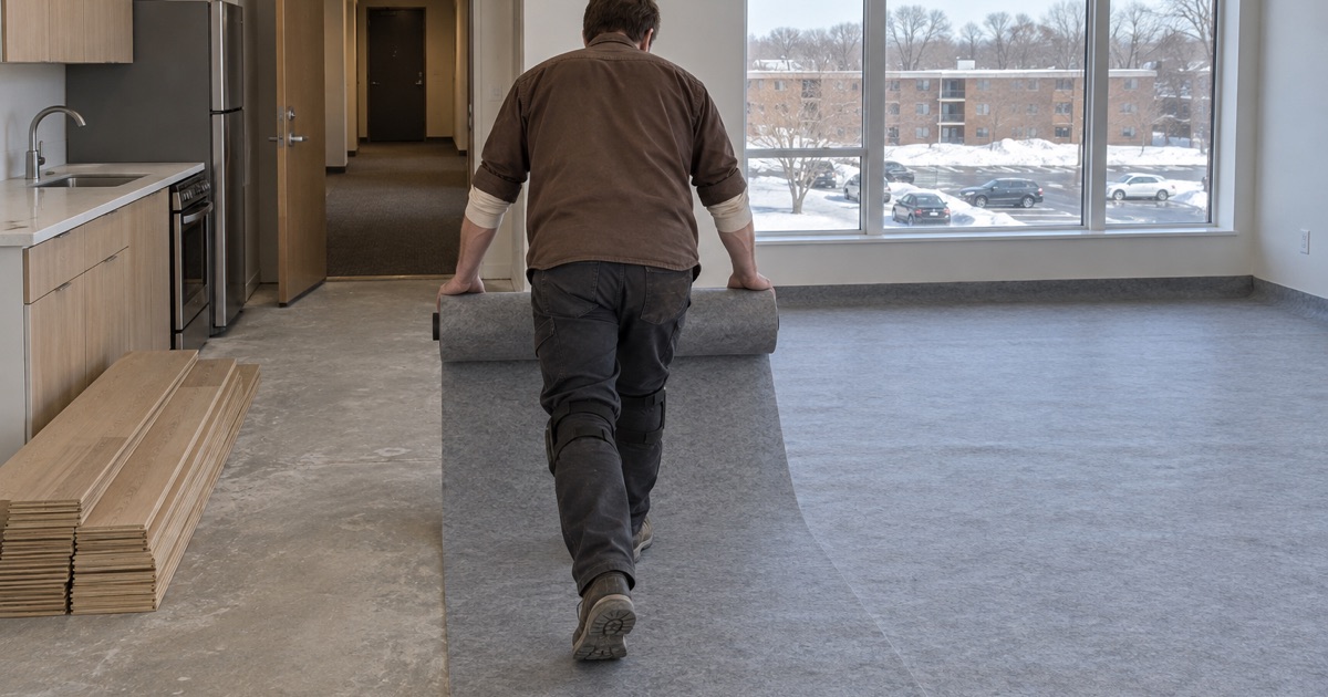 Worker walking out a roll of underlayment across the deck of an empty Edina apartment unit before engineered plank goes down for a handover.