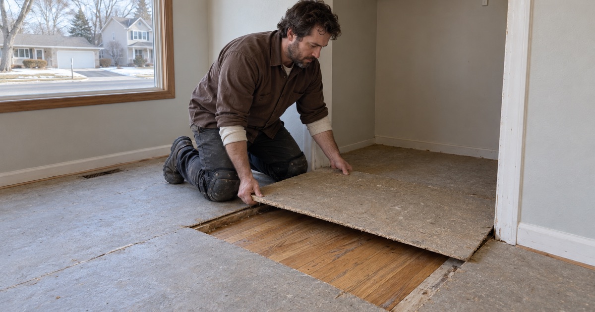 Worker lifting a square of particleboard underlayment out of an Inver Grove Heights closet to find out what the original floor under it is.