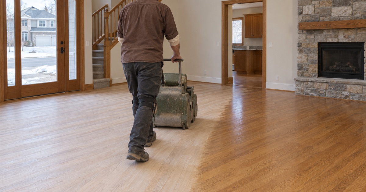 Worker running a drum sander across white oak in a 1990s Lakeville two-story, half the room cut back to raw wood and half still carrying its old amber finish.