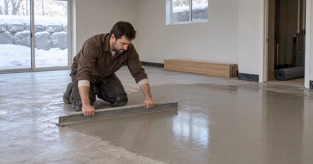 Worker preparing the slab of a Mounds View lower level, the room a sewer lateral repair would have to come up through.