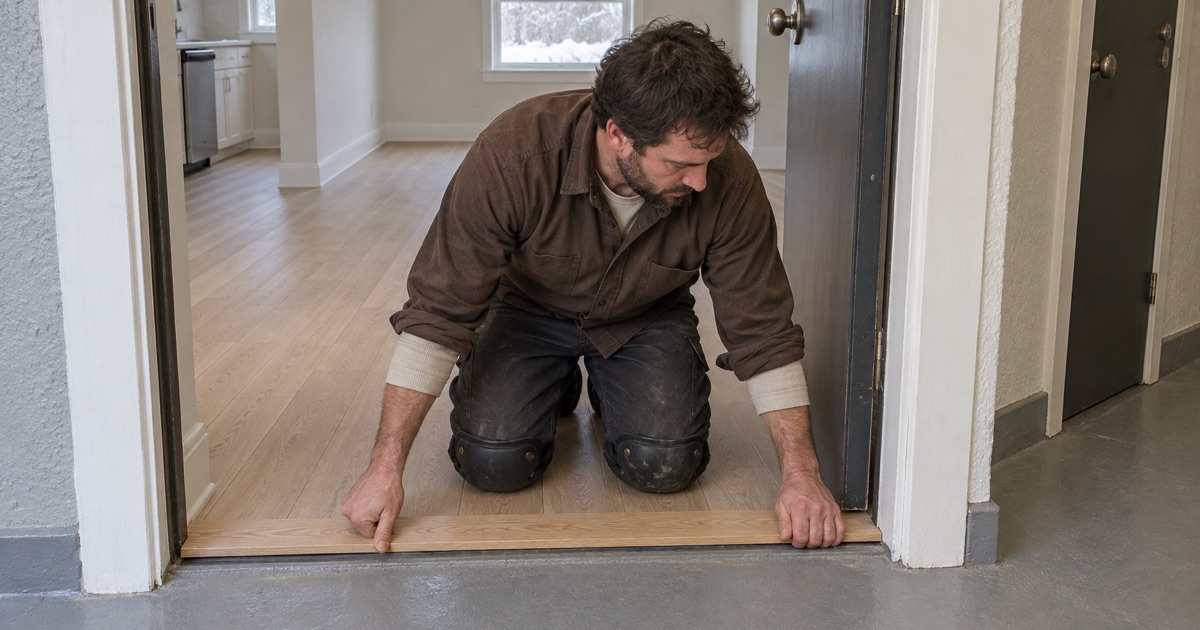 Worker setting the entry threshold of a Newport rental unit, the newest floors in a city that barely built for thirty years.