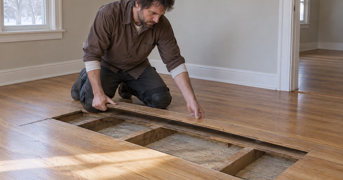 Worker opening the subfloor in a North St. Paul house, the point where a job crosses from one permit system to the other.