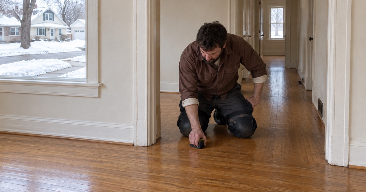 Worker taking a moisture reading on the old oak of a small Richfield house, where the floor runs unbroken from the front room through the hall.