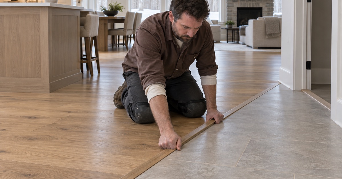 Worker setting the wood-to-tile transition in a Rosemount house of the kind going up on the city’s newest subdivision ground.
