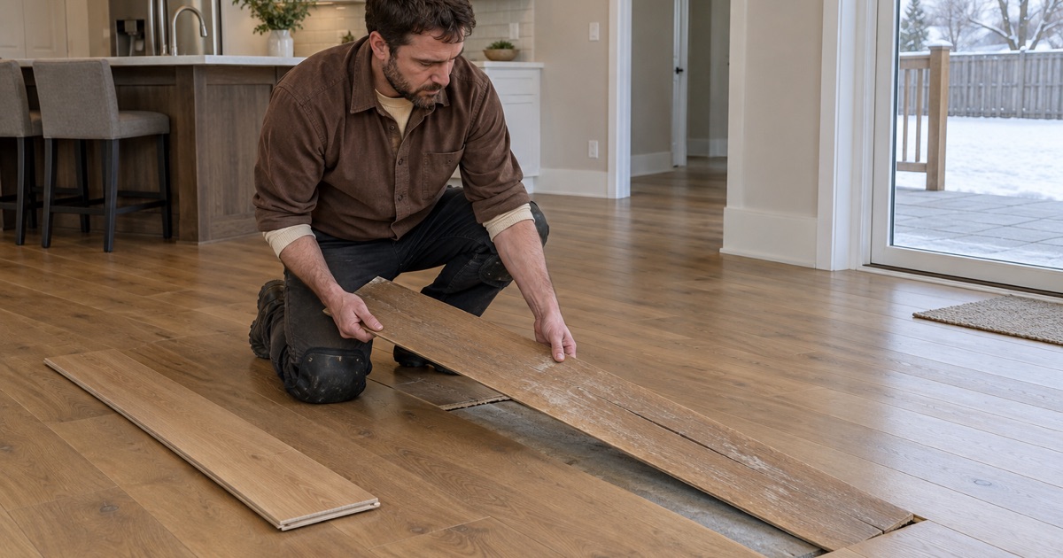 Worker drawing a worn prefinished plank up out of a Savage floor of the 2000s, the factory bevels of the neighboring boards left whole.