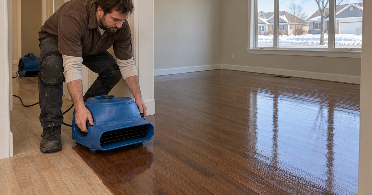 Worker setting an air mover down at the edge of a freshly coated floor in an empty Shakopee rental house, the coat curing inside a turn window.