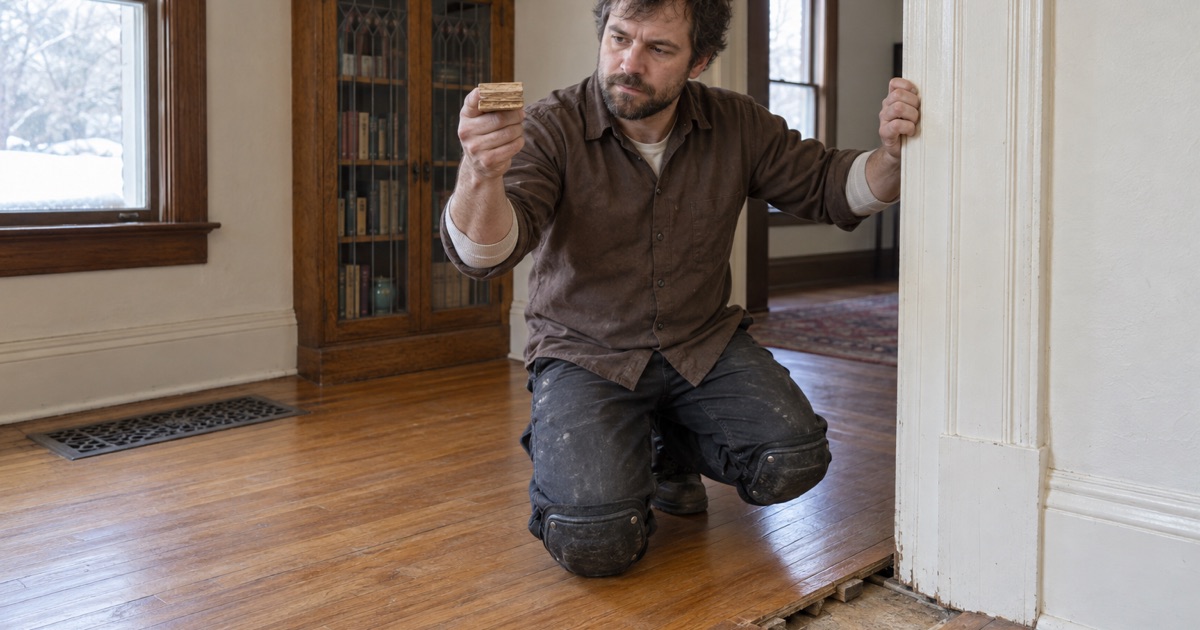 Worker reading the board profile in an offcut from the strip oak of a pre-1940 Waconia building before the floor is opened further.